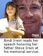 8 year old Bindi Irwin wrote her tribute to her father and read it at the Australia Zoo memorial service in Queensland.