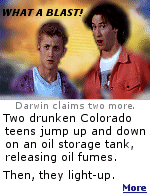 A crude oil storage tank in Colorado's Routt National Forest exploded as two teens were jumping on it, hurling the youths 150 yards to their deaths.